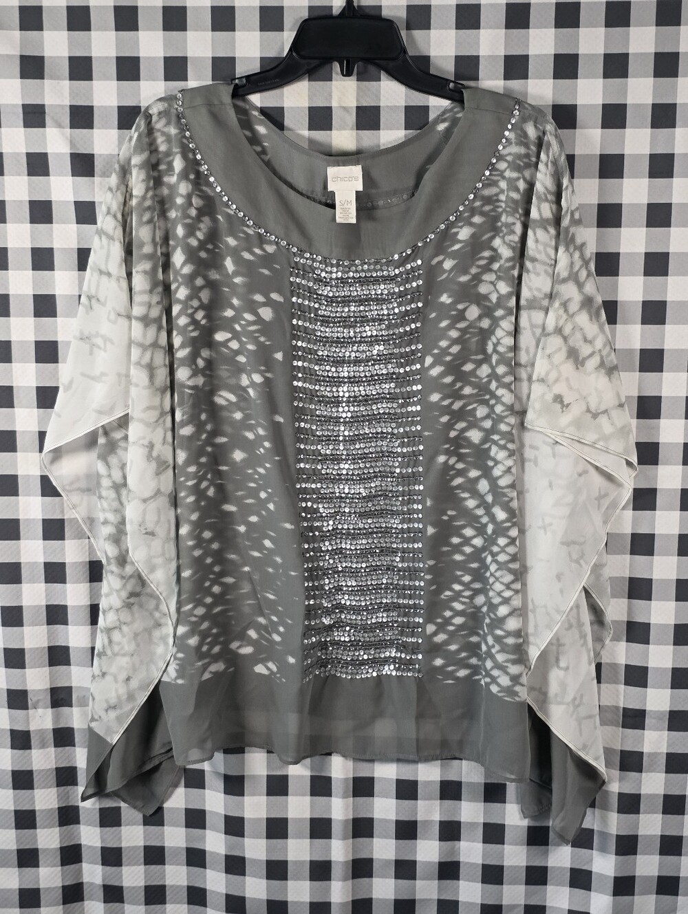 Chico's S/M Gray Embellished Rhinestone Poncho Blouse Sheer Kaftan Tunic Top